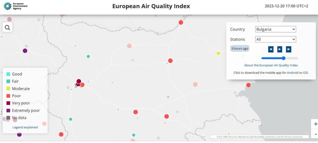 карта на замърсяването на въздуха в България